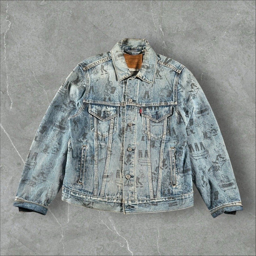 Levi's Denim Jacket Mens Small Blue Bathtub Cartoon All Over Print Trucker Coat